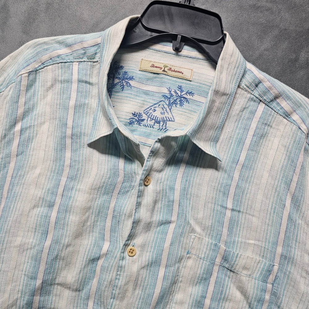 Tommy Bahama Mens XL Linen Button Down Shirt Blue White Striped Long Sleeve
